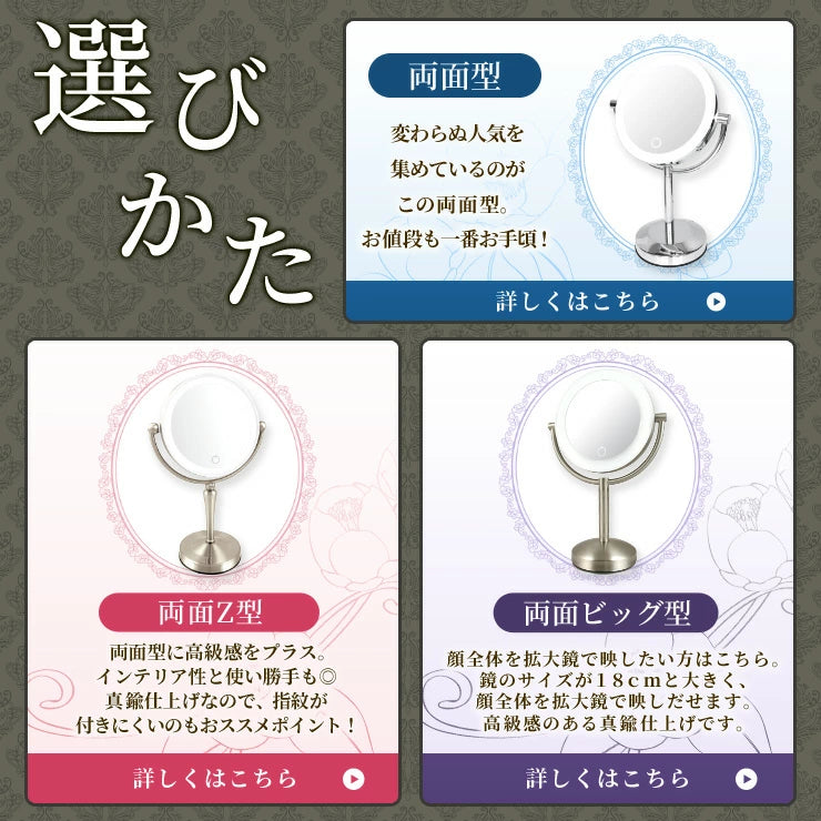 拡大鏡 真実の鏡 Luxe 両面型 正規品(拡大鏡+等倍鏡+調光機能 LEDライト付 OFFタイマー付)/かがみ カガミ ミラー 丸 メイクミラー 化粧鏡 スタンド 卓上 近視 老眼鏡 美容 化粧道具 卓上鏡 LEDミラー LED鏡
