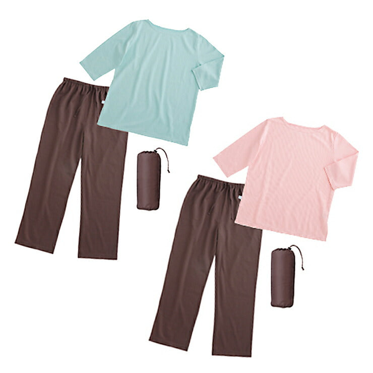 眠る環境を整えるパジャマ 眠+(ミンプラス)トラベル パジャマ 収納ポーチ付 /レディース(女性用)肌に触れる部分は 綿100% 敏感肌でも安心 就寝中の汗をしっかり吸水・速乾 でよい眠り 部屋着 睡眠 休息 ピンク ブルー サックス ブラウン S/M/L