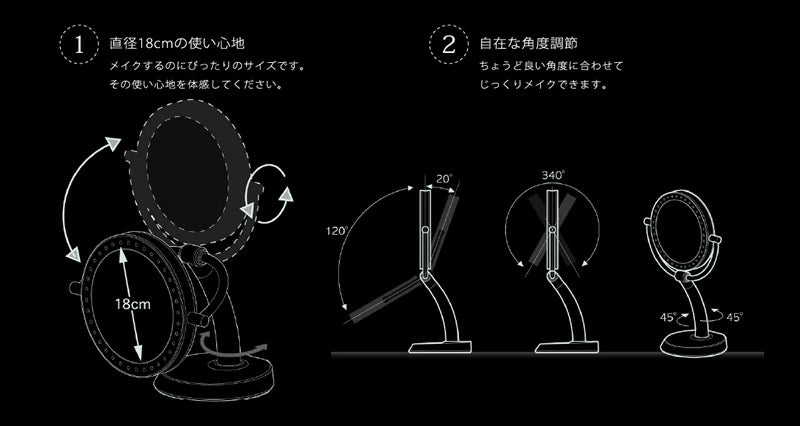 プロ仕様の光をつくるミラー 自然な太陽光、白熱灯、蛍光灯を再現できるプロ仕様 7倍拡大鏡+等倍鏡 角度調節可 万雄 ダイアモンドミラー 両面型 LEDライト付き /メイクアップミラー かがみ カガミ ミラー メイクミラー 丸 鏡 ライト 化粧鏡 スタンド 卓上
